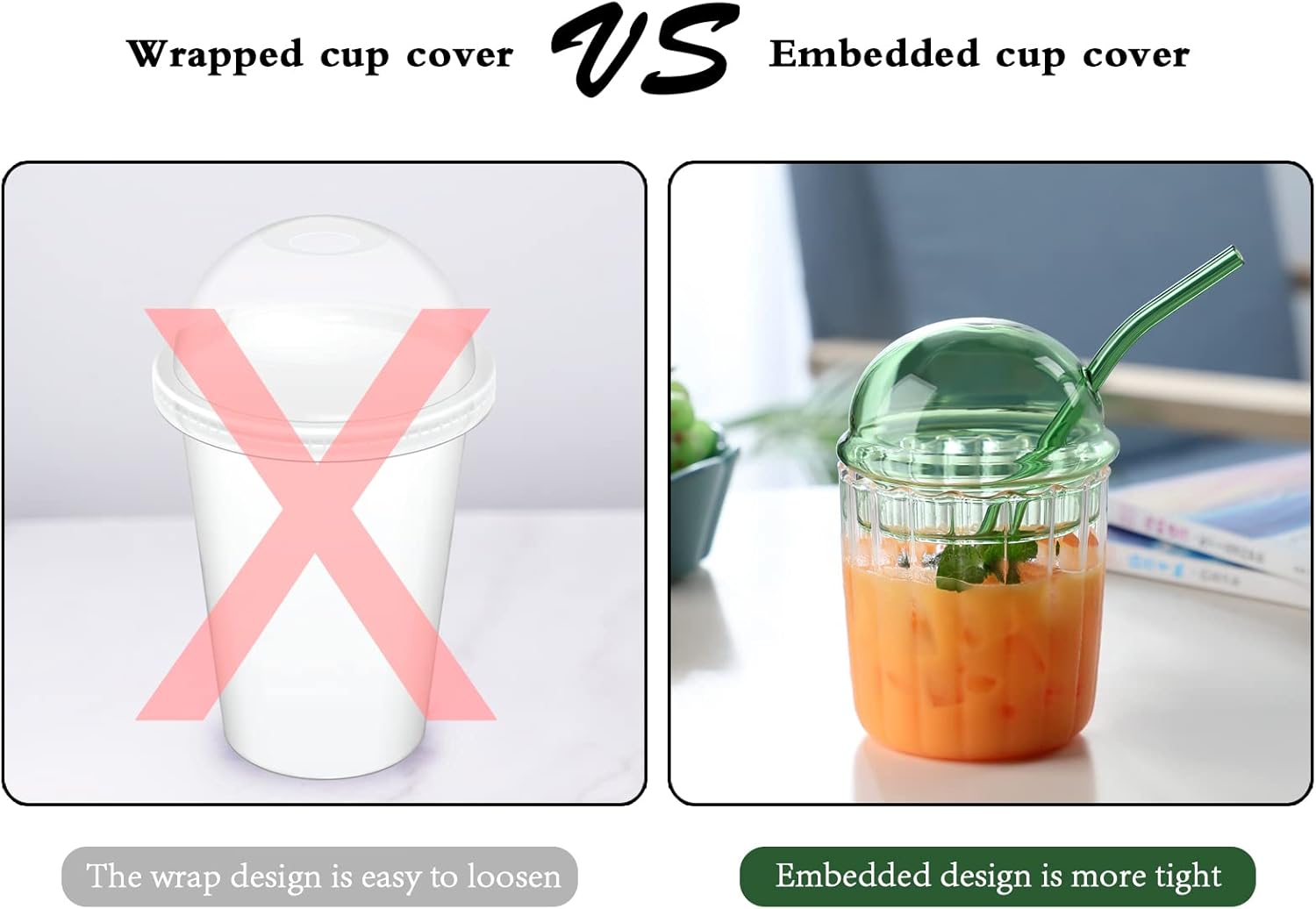 2 Pack....Cute Drinking Glasses with Dome Lid and Straw, Reusable Wide Mouth Smoothie Cups 15oz Glass Coffee Iced Cup Tumbler Glass Bubble Tea Cup for Coke Soda Home Office Bar((White)